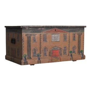 19th C. Country English Georgian House Facade Painted Trunk For Sale