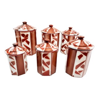 Antique French Enamel Kitchen Tins Set by Aubecq, 1920s, Set of 6 For Sale