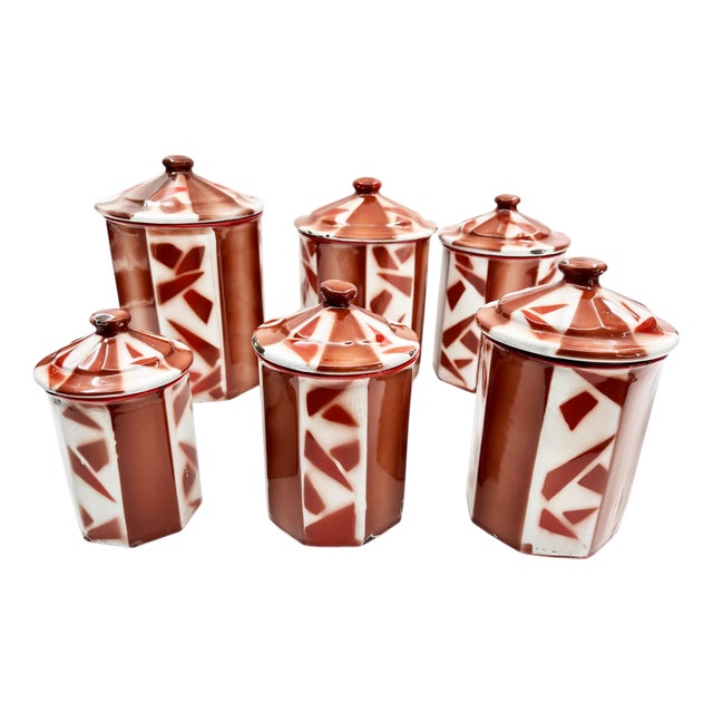 Antique French Enamel Kitchen Tins Set by Aubecq, 1920s, Set of 6 For Sale