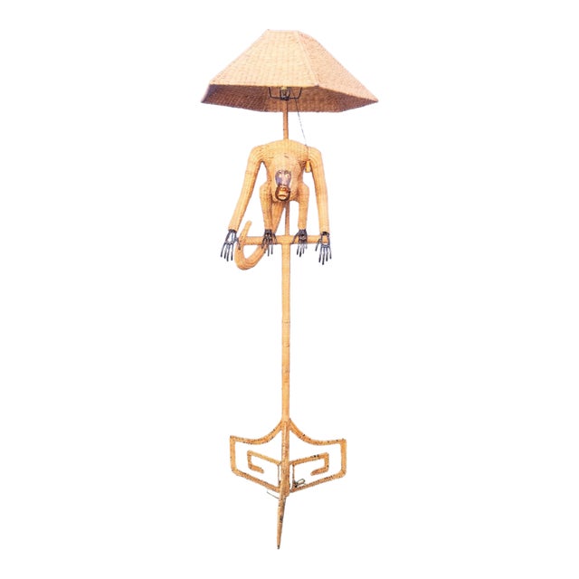 Vintage Mario Lopez Torres Palm Beach Regency Huge Wicker Monkey Greek Key Floor Lamp For Sale