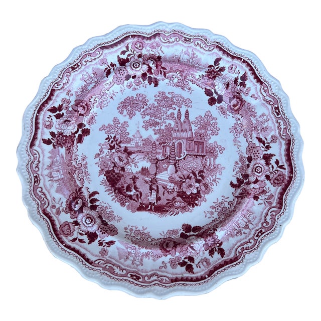 A Antique Staffordshire Red Transfer Decorated “Temple” Plate, Circa 1830's For Sale