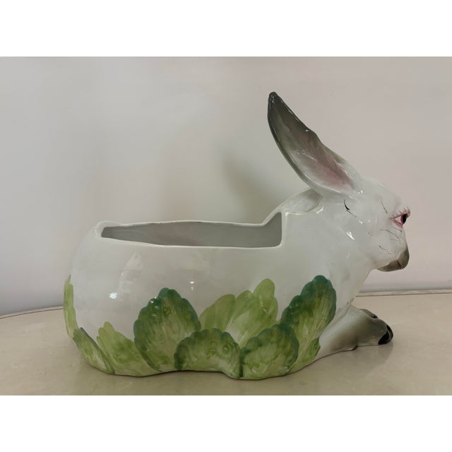 1980s Large Italian Ceramic Rabbit With Cabbage Planter Cachepot For Sale - Image 6 of 10