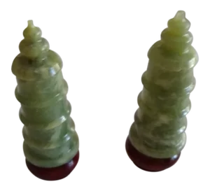 Vintage Hand Carved Green Jade Temples - a Pair