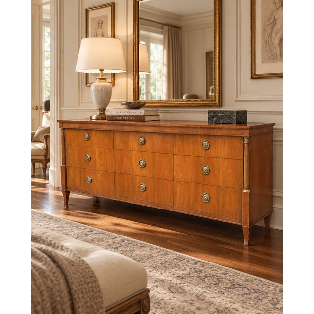 A beautifully proportioned vintage Baker Furniture nine-drawer dresser, distinguished by its restrained Neoclassical...