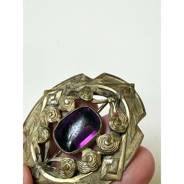 Victorian Antique Art Nouveau Brass Sash Pin With Purple Center Stone For Sale - Image 3 of 6