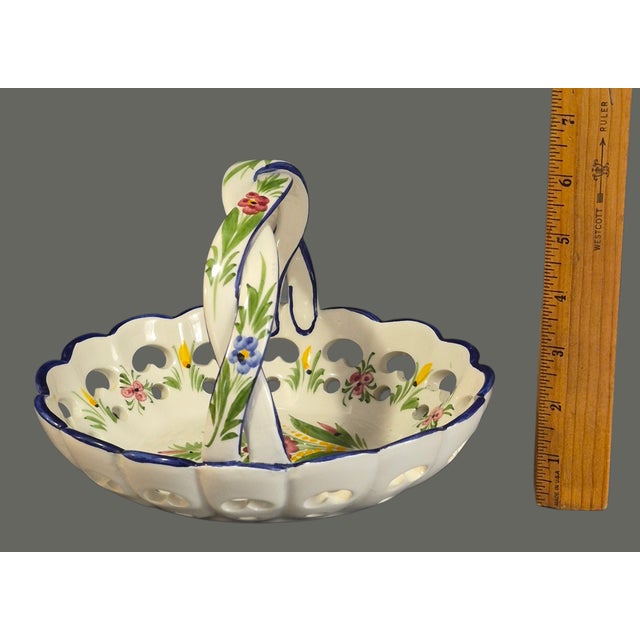 Late 20th Century Vintage Portugal Hand-Painted Floral Basket Heart Open Work Braided Handle Made for Lord & Taylor For Sale - Image 5 of 8