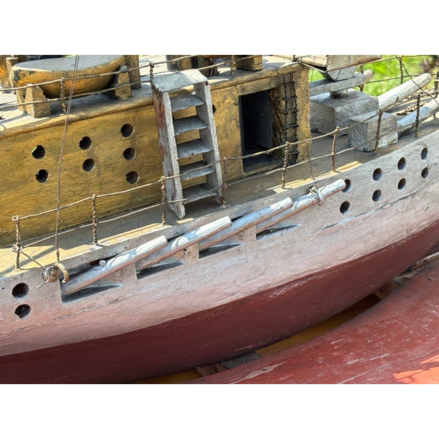 Late 19th C. American Primitive Folk Hand-Crafted Battleship Model on Base For Sale - Image 9 of 17