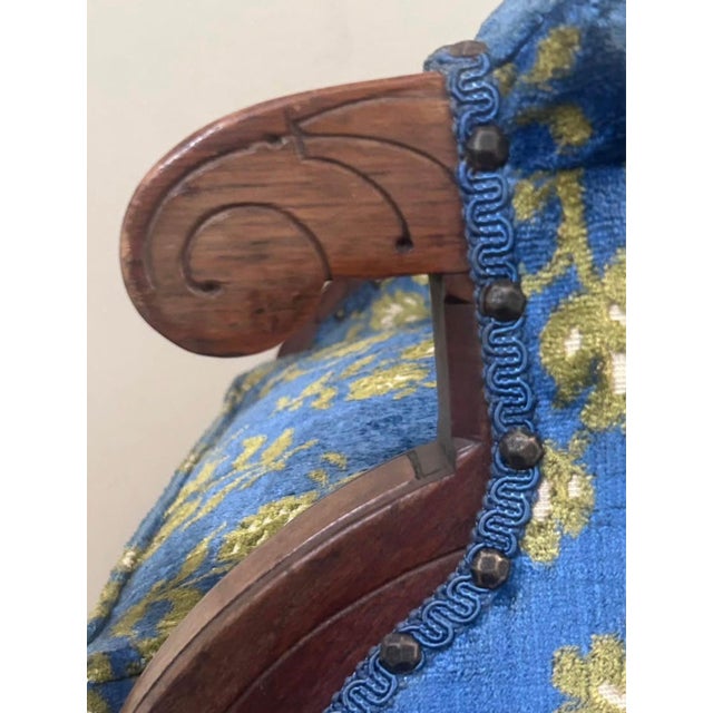 Late 19th Century Antique Victorian Eastlake Walnut Armchair With Porcelain Casters & Blue Floral Upholstery For Sale - Image 5 of 10