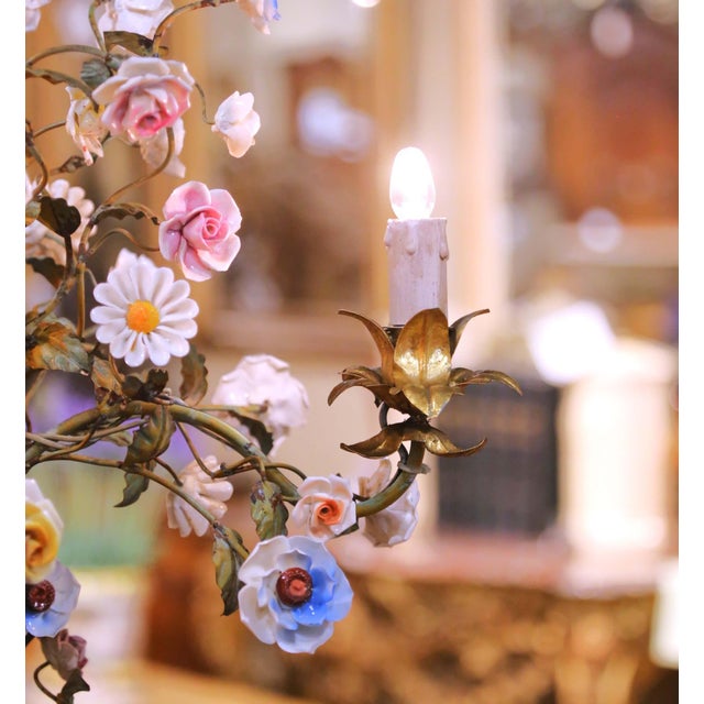 Metal Early 20th Century French Floral Porcelain and Iron Three-Light Chandelier For Sale - Image 7 of 11
