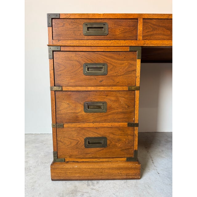 Baker Furniture Milling Road Hollywood Regency Campaign-Style Walnut Desk With Leather Top/ Sold For Sale - Image 4 of 12