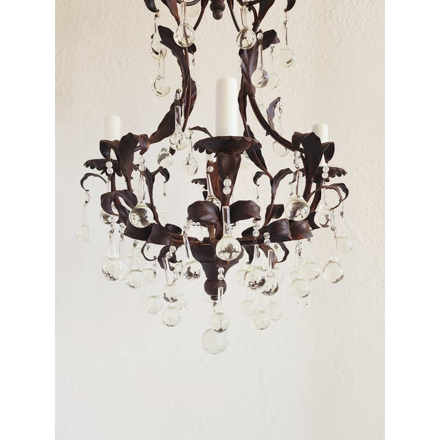 French 1950s French Style Wrought Iron & Tole Chandelier With Crystals For Sale - Image 3 of 11
