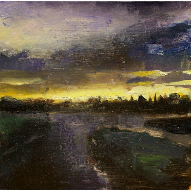 Autumn on the Bay by Gage Opdenbrouw | Oil on silver leaf panel Landscape at sunset over water For Sale