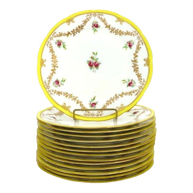 14 English Cauldon Ware Floral & Gilt Porcelain Dinner Plates C1920 For Sale