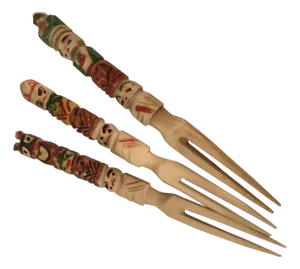 Vintage Native American Totem Forks Hand Carved Bone - 3pcs