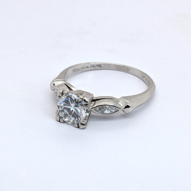 Silver 0.8ct Natural Round & Marquise Diamond Engagement Ring in Platinum - Size 6 For Sale - Image 8 of 8