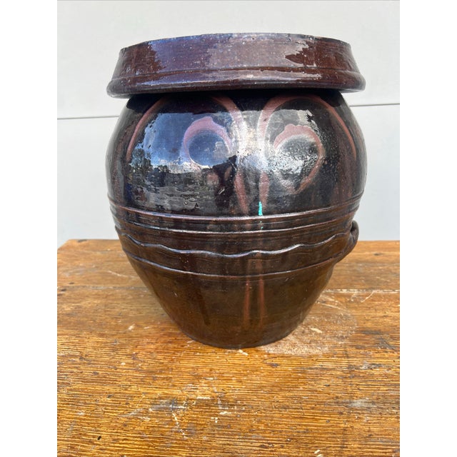 A Antique Redware Korean Traditional Onggi Fermentation Jar, w/Lid, Ca. 1920’s Made in Korea, circa 1900-1920’s Deep brown...