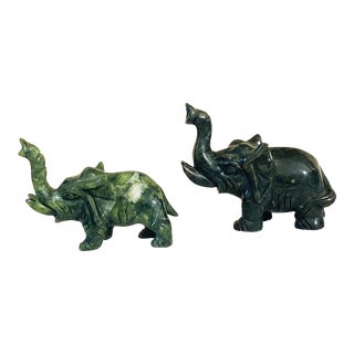 Chinoiserie Soap Stone Jade Color Set of Two Elephants For Sale