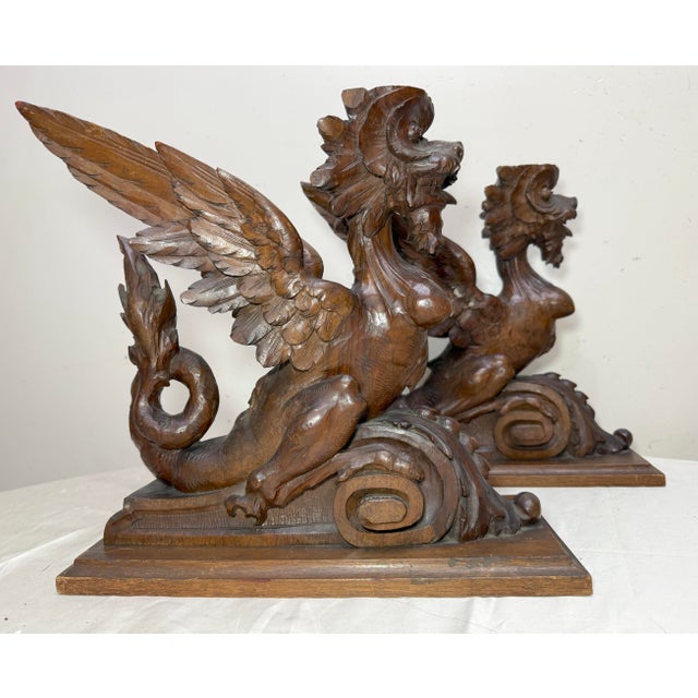 Pair Antique 19th Century Carved Wood Architectural Salvage Griffin Sculptures For Sale In New York - Image 6 of 16