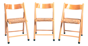 Vintage Wooden Folding Chairs with Rush Seats, Set of 3