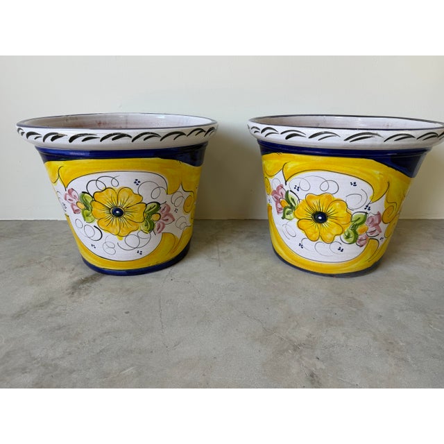 Vintage Italian Tuscan Hand-Painted Terracotta Glazed Planters – A Pair For Sale - Image 9 of 12