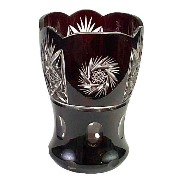 Bohemian-Cased , Ruby Cut to Clear- Crystal Vase With Starbursts and Geometric Cut Patterns Along the Flared Rim For Sale