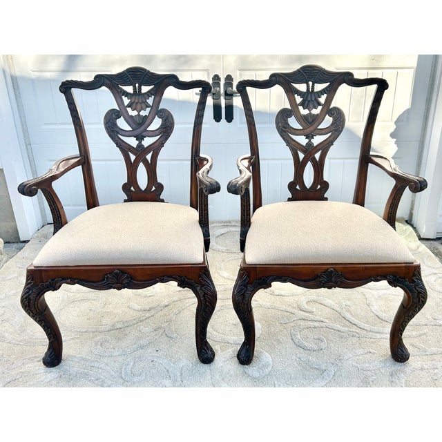 1980s Henredon Chippendale Mahogany Armchairs Carved Ball & Claw Feet Pair Vintage 80s For Sale - Image 5 of 12