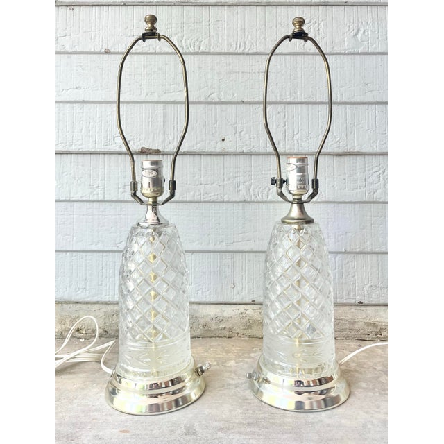 1980s Vintage Pair of Leviton 3-Way Cut Glass Crystal Gold Tone Table Lamps 22” Tested and in working condition. Light...