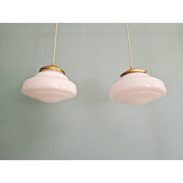 Bauhaus Art Deco Pendant Lights in White Opaline Glass, 1930s, Set of 2 For Sale - Image 3 of 10