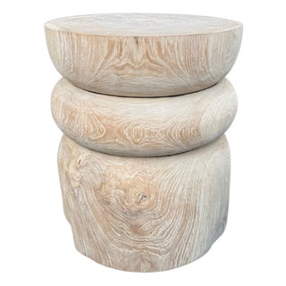 Round Teak Wood Side Table, Bleached Finish, Layered Design, Modern Organic For Sale