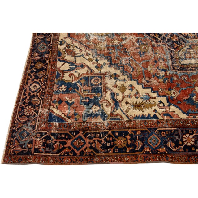 Rust Antique Persian Serapi Handmade Medallion Wool Rug For Sale - Image 4 of 7