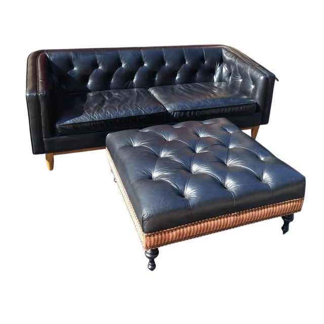 Black Experience the Classic Heritage &Contemporary Clean Lines With the Monrowe Leather Loveseat With a Custom Ottoman For Sale - Image 8 of 11