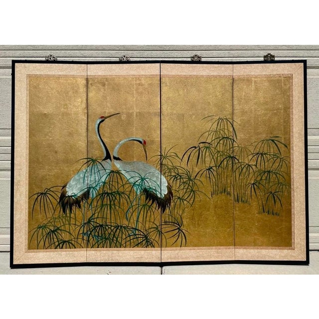 Early 20th Century Japanese Four-Fold Byobu Screen with Cranes and Young Bamboo Description This elegant early 20th-...
