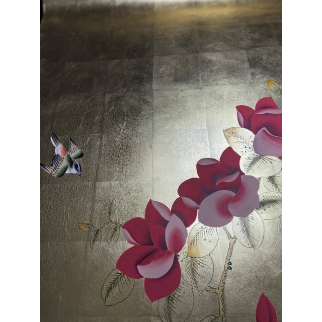 Metal Single Hand Painted Gold Leaf Chinoiserie Wallpaper Panel, Magnolia & Pheasant Bird Mural, Custom Size Available For Sale - Image 7 of 7