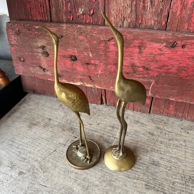 Vintage Brass Crane Bird Statues Elegant Mid Century Decorative Sculpture Pair For Sale - Image 12 of 14
