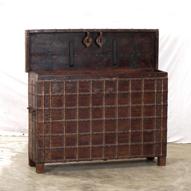 Wood Antique Indian Teakwood and Brass Pitara Chest Console For Sale - Image 7 of 8