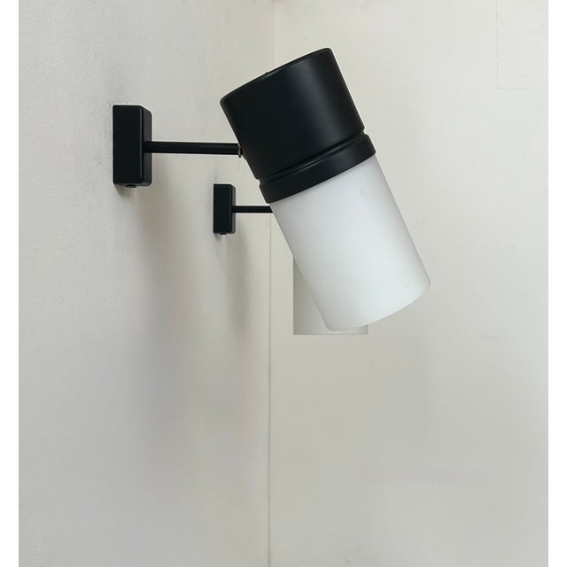 1950s Vintage Matte Black Metal and Opaline Glass Adjustable Wall Lights, France, 1950, Set of 2 For Sale - Image 5 of 8
