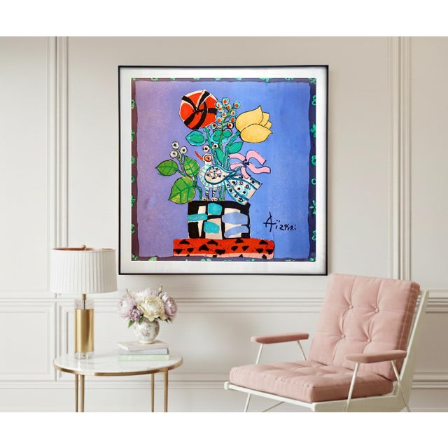 This is an authentic 100% silk scarf by French artist Paul Aïzpiri, designed in 1989 and professionally framed. This...