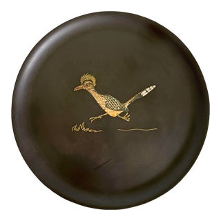 Vintage Couroc of Monterey Inlay Roadrunner Bird Round Tray For Sale