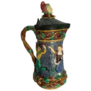 1876 Minton English Towered Jug With Pewter Lid & Medieval Dancers
