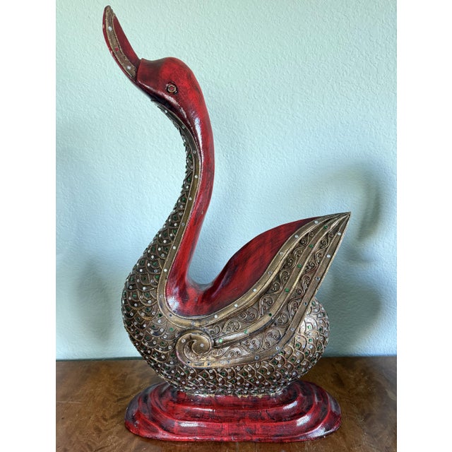 Three Large Asian Wood Carved Duck Statues With Mirror Inlay For Sale - Image 6 of 17