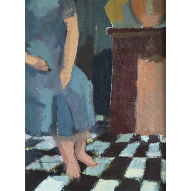 Mid-Century Modern 'Presence in Blue' Swedish Original Figurative Interior Oil Painting, Framed For Sale - Image 12 of 13