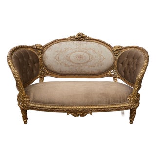 1900 French Louis XVI Gilt Beech Velvet Settee - 1 Pc For Sale