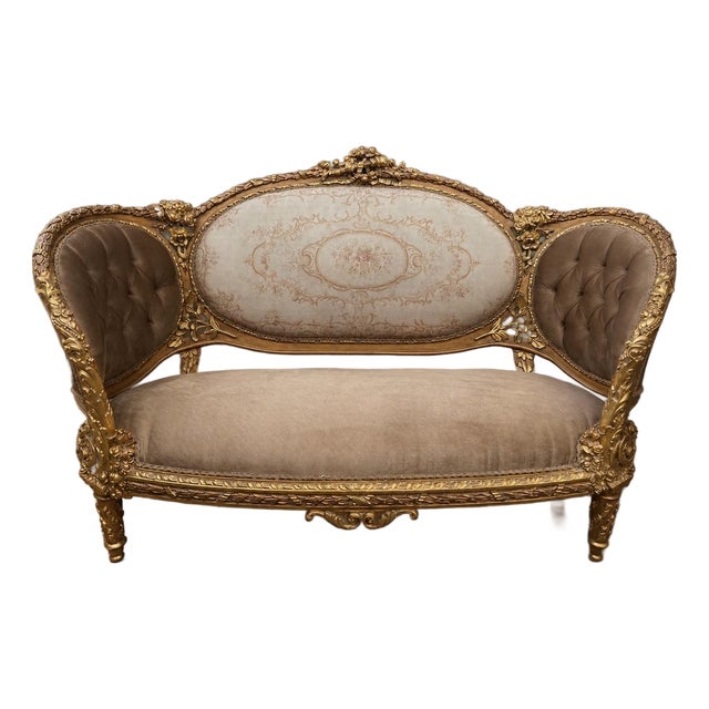 1900 French Louis XVI Gilt Beech Velvet Settee - 1 Pc For Sale