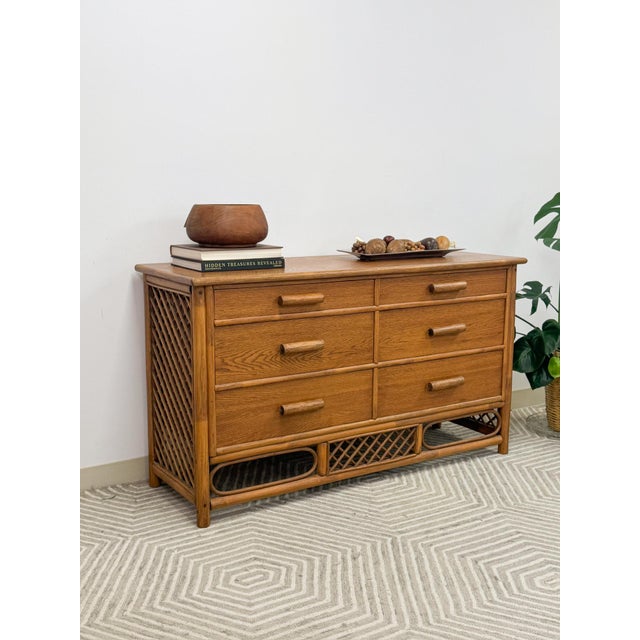 Vintage Petite Rattan 6-Drawer Dresser With Lattice Sides Coastal Boho MCM For Sale - Image 10 of 13