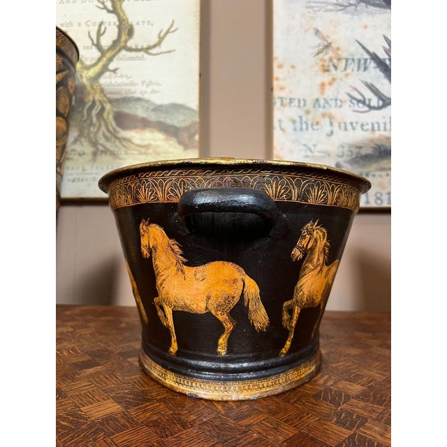 Antique English Planter Jardiniere Horse Equine Black Decoupage Tole Metal C1900 For Sale - Image 12 of 18