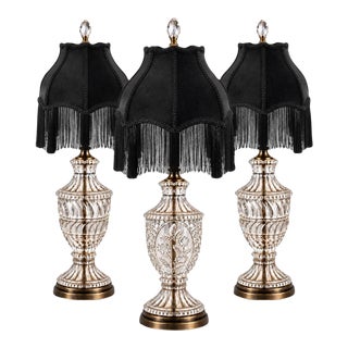 Mid 20th Century Gothic Revival Yugoslavian Hand-Cut Lead-Crystal Lamps With Black Velvet Fringe Shades - Set of 3 For Sale