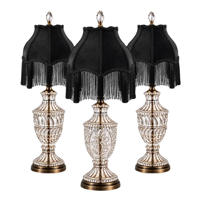 Mid 20th Century Gothic Revival Yugoslavian Hand-Cut Lead-Crystal Lamps With Black Velvet Fringe Shades - Set of 3 For Sale