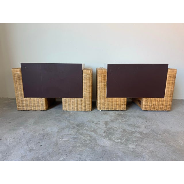 1980’s Vintage Boho Chic Woven Rattan Base Small Nightstands – A Pair For Sale - Image 9 of 12