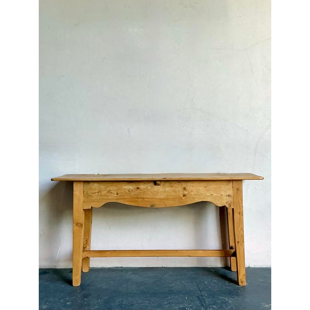 Tan Vintage Boho French Knotty Pine Scalloped Console Table For Sale - Image 8 of 12