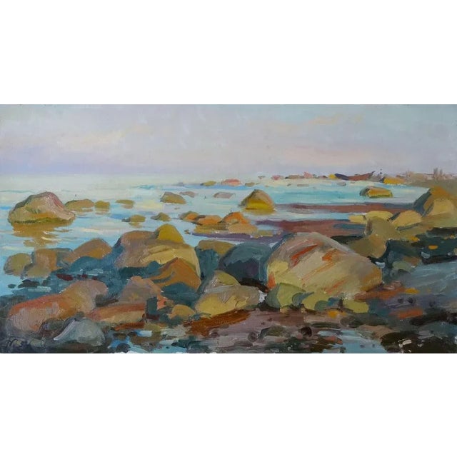 Modern Julijs Vilumainis, Rocky Seashore, Evening Sun, 1954, Oil on Cardboard For Sale - Image 3 of 3
